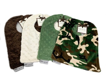 SPECIAL--Buy 3, Get 1 FREE-- Minky Baby-to-Toddler Adjustable Snap Bibs - Camouflage, Green, Ivory, and Brown