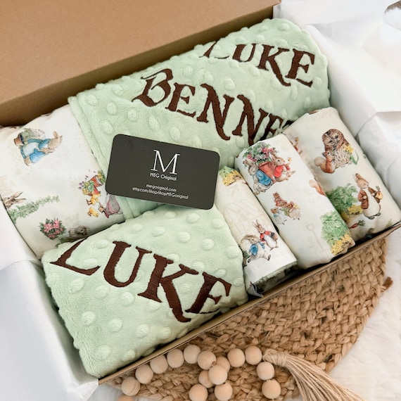 Peter Rabbit and Friends Baby Gift Set Box – Blanket, Burp Cloths, Bib, Lovey (Personalized)