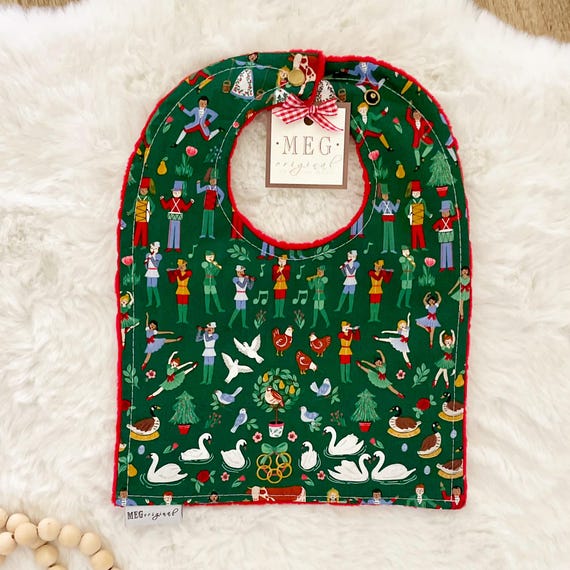 12 Days of Christmas Nutcracker Bib { Baby-to-Toddler Adjustable Snap Bibs } Soft Cotton, Absorbent, & Durable for the Holidays