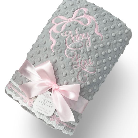 Gray Heirloom Baby Girl Minky Dot Blanket with Delicate White & Pink Bow Lace Trim Finishing + Option to Personalize with Name or Initials