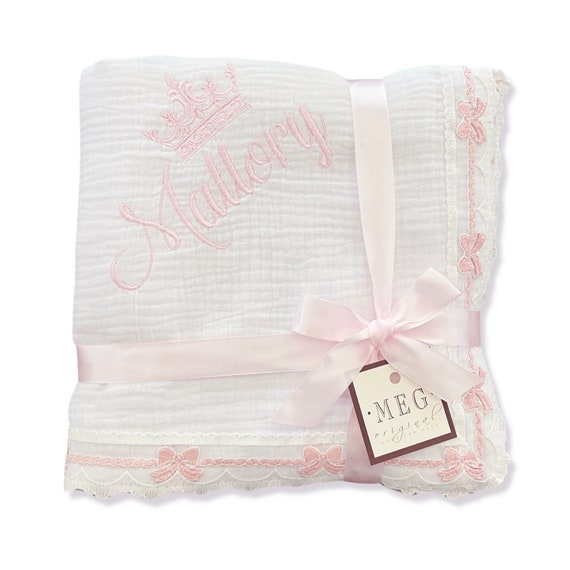 Princess Crown Heirloom Baby Girl Blanket { White & Pink } Cotton Swaddle Blanket with Delicate Pink Bow Trim Finishing with Name- PRE-ORDER