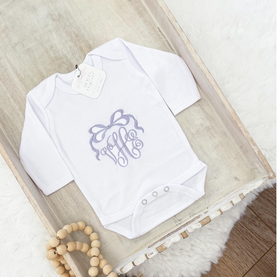 Custom Embroidered Baby Girl Bodysuit, Lavender Bow, Monogram Initials, Newborn Gift