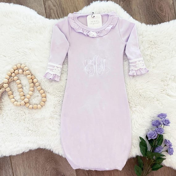 Beautiful Newborn Baby Girl Going Home Outfit { Lavender & White Bows Gown } Personalized with Embroidered Initials