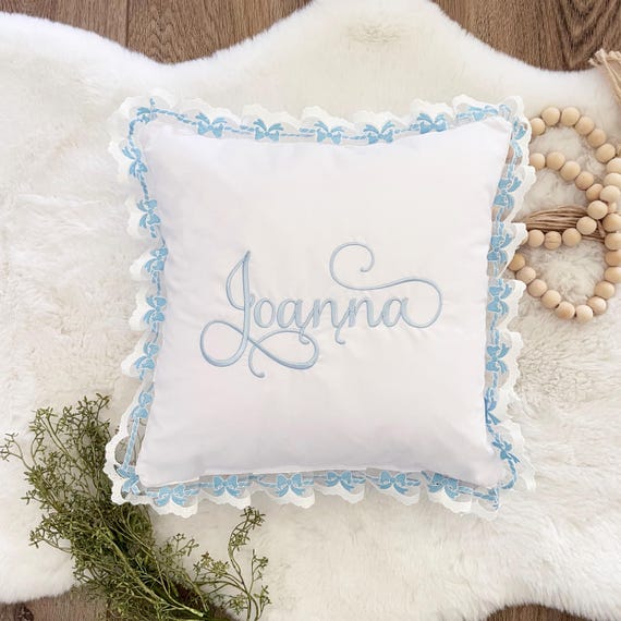 Beautiful Personalized Baby Girl Decorative Pillow with Blue Bow Ruffle Trim { Heirloom Collection } Embroidered Name or Initials Monogram