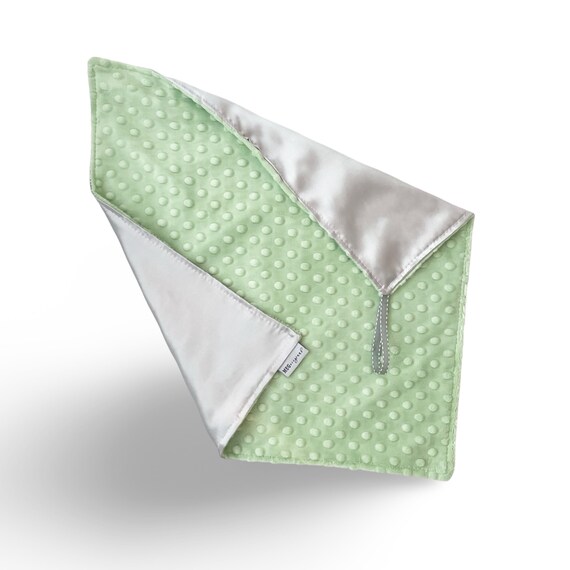 Sage Green Minky Dot & Silver Gray Satin Baby Blanket in Security/Lovey Size or Stroller/Snuggle Size with Embroidered Name or Initials