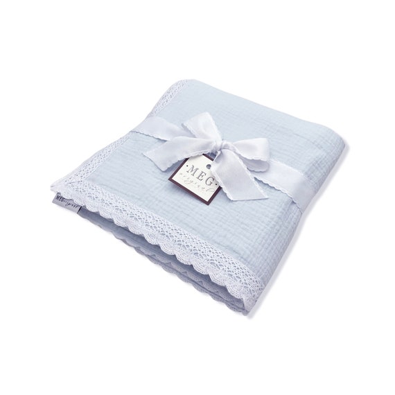 Beautiful Sky Blue with White Trim Baby Blanket { Heirloom Collection } Swaddle or Crib + Option to Personalize w/ Name or Initials Monogram