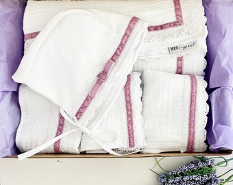 Personalized Baby Girl Deluxe Boxed Shower Gift Set {Heirloom Collection} Lovely Lilac Trim & Lace - Blanket + 2 Burp Cloths + Bonnet + Bib