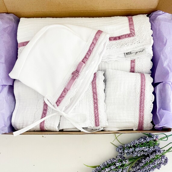 Personalized Baby Girl Deluxe Boxed Shower Gift Set {Heirloom Collection} Lovely Lilac Trim & Lace - Blanket + 2 Burp Cloths + Bonnet + Bib