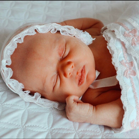 Baby Girl Ribbon & Lace Bonnet in White with Pink Ribbon { Heirloom Collection } 0-6 months Adjustable Tie Cap