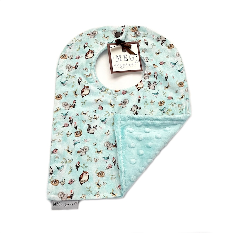 Forest Animals on Aqua Soft /& Durable Baby-to-Toddler Adjustable Snap Bib { Woodland Meadows } Grows with Baby into a Toddler