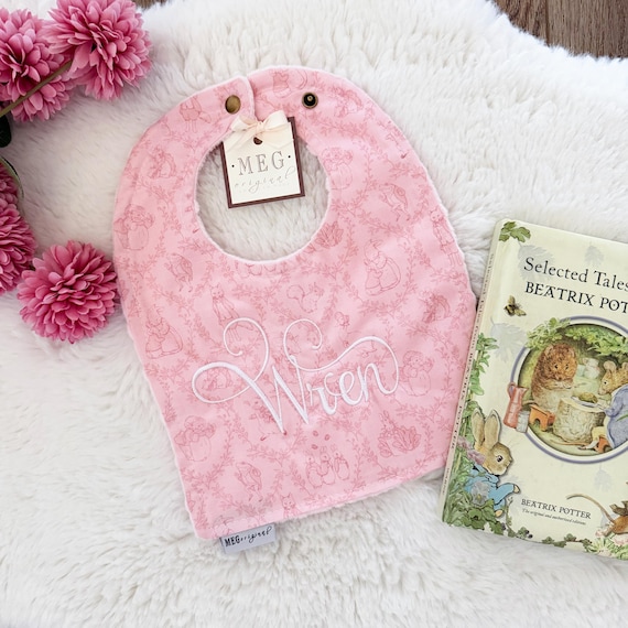 Peter Rabbit Baby Bib – Pink Toile, Personalized Adjustable Cotton Snap Bibs