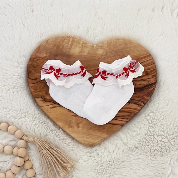Beautiful Newborn Baby Girl Ruffle Socks { Red Bow } Pretty Shower Gift, Feminine Layette Accessories - Choose Size 0-12 or 12-24 month