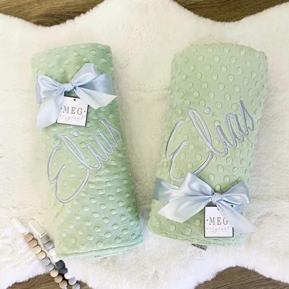 Sage Green Minky Dot Baby Blanket + Option to Personalize with Name / Initial Monogram - Baby Shower Gift - Gender Neutral, Unisex, Boy