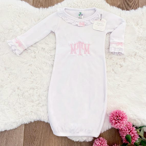 Beautiful Custom Newborn Baby Girl Flutter Sleeve Gown { Pink Bows } Personalized with Embroidered Monogram Initials, Popular Shower Gift