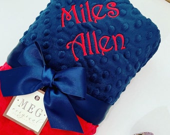 Minky Dot Baby Boy Blanket { RED & NAVY BLUE } Soft Stroller Blanket with Option to add Name / Initials Monogram -Beautiful Baby Shower Gift