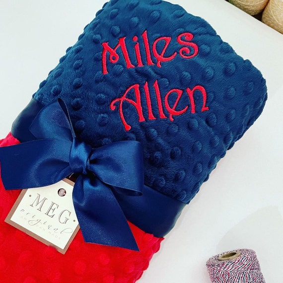 Minky Dot Baby Boy Blanket { RED & NAVY BLUE } Soft Stroller Blanket with Option to add Name / Initials Monogram -Beautiful Baby Shower Gift