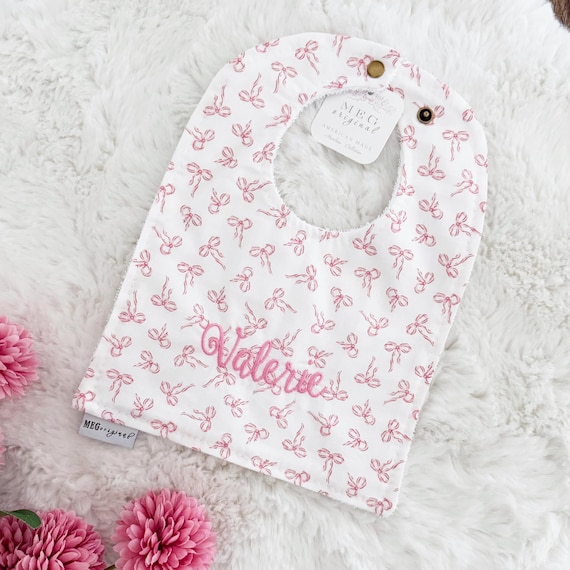 Pink Bows Bib { Baby-to-Toddler Adjustable Snap Bibs } Soft Cotton, Absorbent & Personalizable