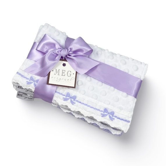 Baby Girl Burp Cloth Set of 3 { Heirloom Collection } Lavender & White Minky with Bows + Option to Personalize with Name / Initials Monogram