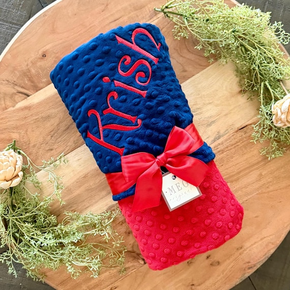 Minky Dot Baby Blanket – Red & Navy, Personalized Stroller Blanket