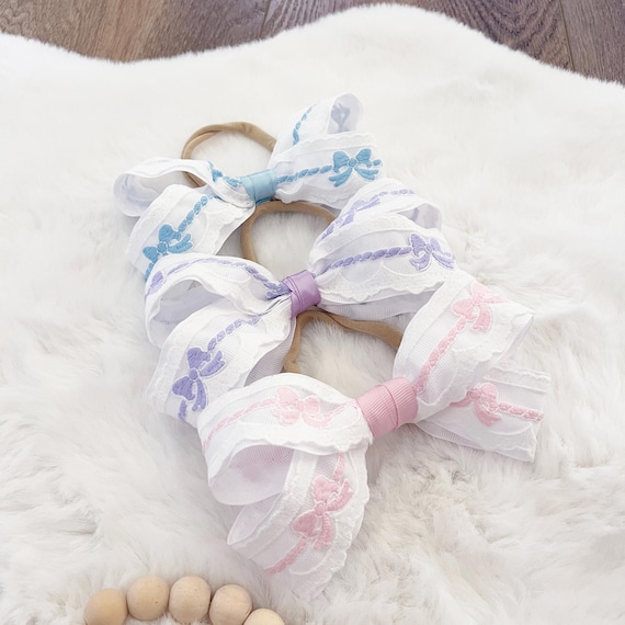 Beautiful Bows Baby Girl Hair Bow on Super Soft Headband { Heirloom Collection } Baby, Toddler, Big Girl Hair Accessory-Pink, Blue, Lavender