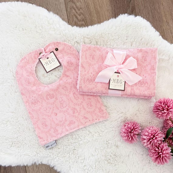 Pink Peter Rabbit Toile Baby Shower Gift Set: Blanket, Burp Cloth & Bib