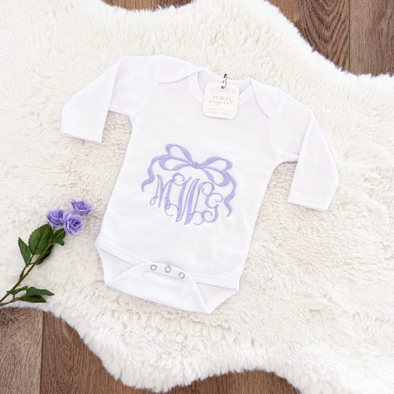 Beautiful Custom Newborn Baby Girl Bodysuit { Lavender Bow + Monogram } Personalized Initials or Name, Popular Shower/Gender Reveal Gift