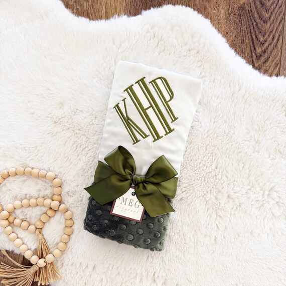 Ivory Satin with Dark Sage Minky Dot Baby Blanket – Personalized Monogram Option