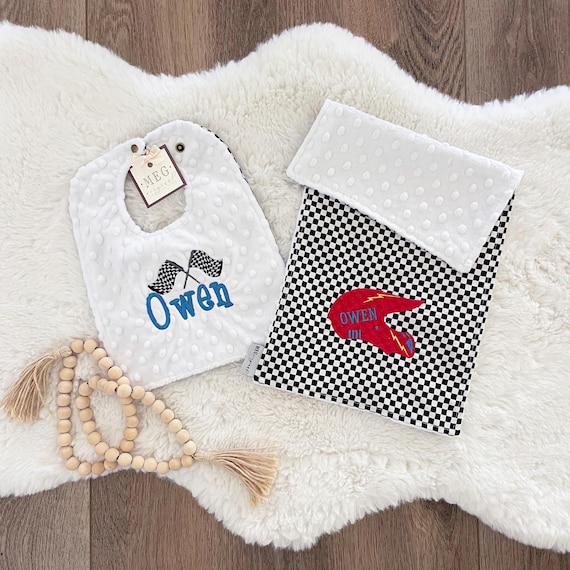 Baby Boy Bib & Burp Cloth Set { Motocross Theme with Custom Embroidery } Soft and Absorbent with Name