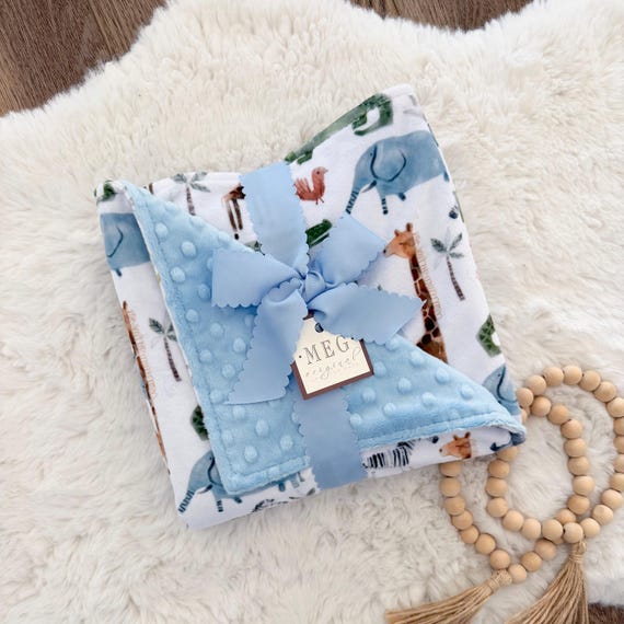 Personalized Jungle Parade Minky Baby Blanket – Safari Animals, Monogram Name (Choose Size)