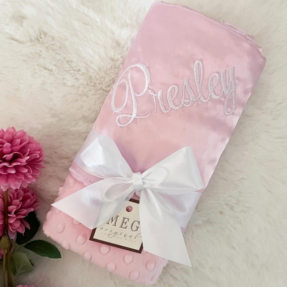 Personalized Satin and Minky Dot Baby Blanket, Embroidered Name or Initials