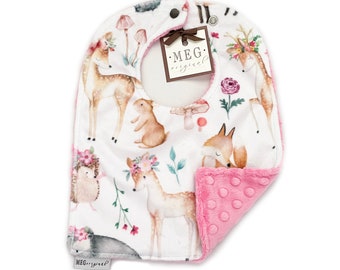 Baby Girl Adjustable Snap Bib { Sweet Darlings } Grows with Baby into a Toddler - Soft & Durable - Forest Animals on Pink