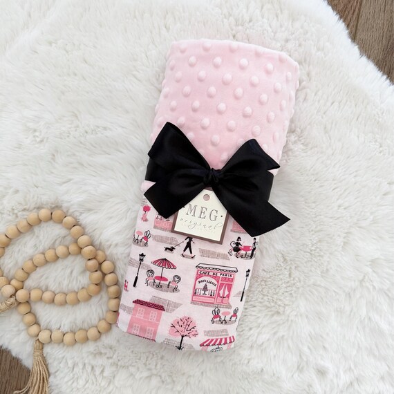 French Cafe Baby Blanket: Parisian Cotton Print & Minky Dot, Made and Ready for Same Day Shipping
