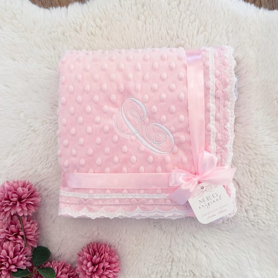 Pink Heirloom Baby Girl Minky Dot Blanket with Delicate White & Pink Bow Lace Trim Finishing + Option to Personalize with Name or Initials