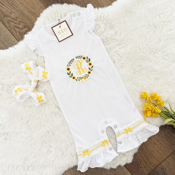 Custom Newborn Baby Girl Flutter Sleeve Yellow Bow Sunflower Romper, Personalized with Embroidered Floral Wreath & Baby's Initial(s)