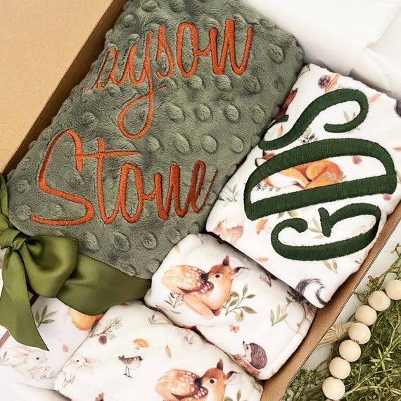Deluxe Boxed Baby Gift Set { Fawn & Friends } Soft Woodland Animals Minky - Blanket + Bib + Burp + Lovey + Bodysuit, Option to Personalize