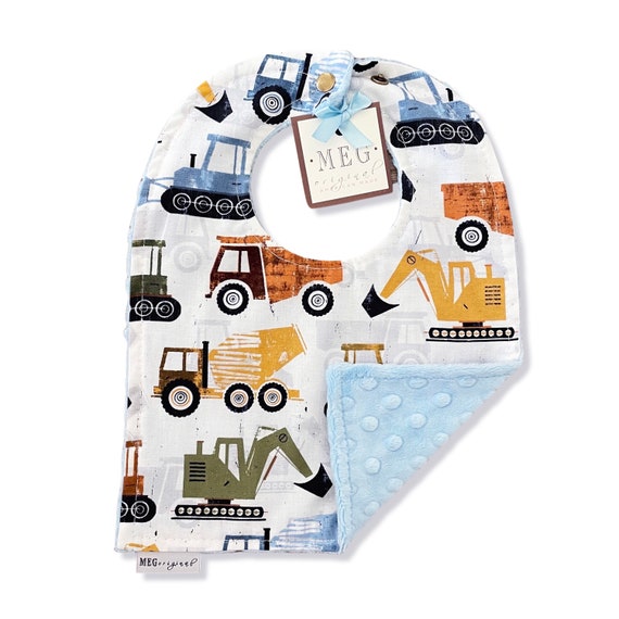 Construction Zone Bib { Baby/Toddler Boy Adjustable Snap Bib } Soft & Absorbent-Cute Shower Gift -Tractors, Dump Trucks, Movers on Baby Blue