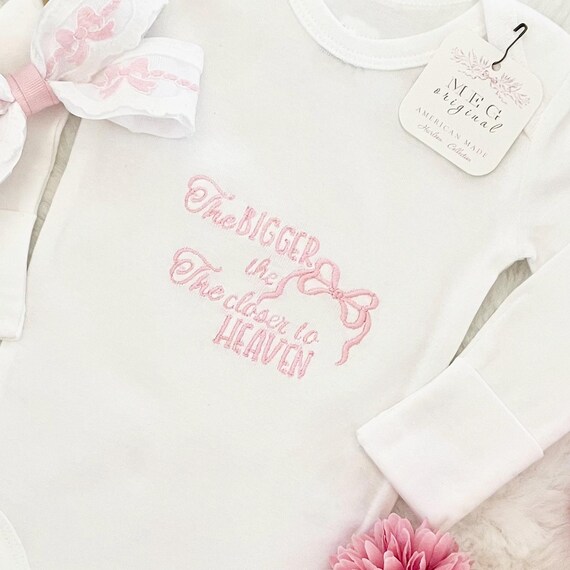 The BIGGER the Bow, the Closer to Heaven { Organic Newborn Baby Girl Bodysuit & Pink Lace Bow Set } Popular Shower Gift, Gender Reveal Gift