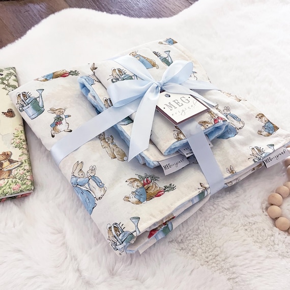 Sweet Baby Shower Gift Set { Peter Rabbit Theme } Blanket + Burp Cloth + Bib with option to Personalize with Name or Initials Monogram
