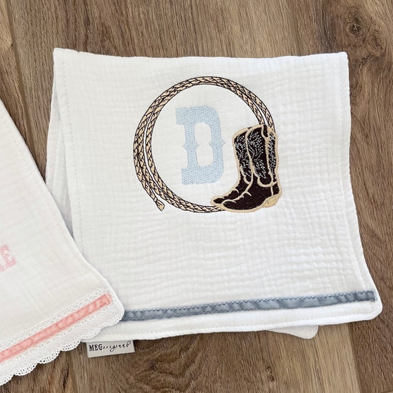 Embroidered Baby Burp Cloths { Cowboy Theme with Cute Boots + Lasso } Soft and Absorbent 100% Cotton with Custom Embroidery + Initial