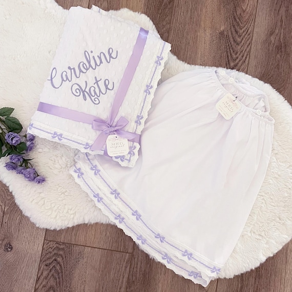 Personalized Pretty White Heirloom Baby Girl Minky Dot Crib Bedding with Lavender Bow Trim Lace- Blanket, Crib Skirt, Pillow, Gown, Bonnet