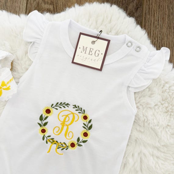 Custom Newborn Baby Girl Sunflower Romper, Personalized with Embroidered Floral Wreath & Baby's Initial(s)