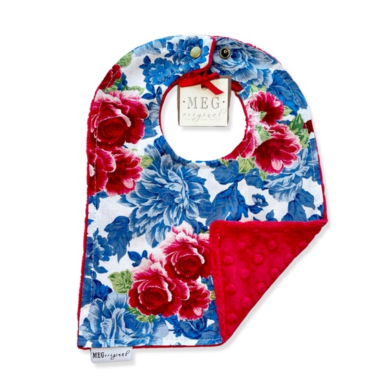 Baby-to-Toddler Adjustable Snap Bib { Red and Blue Floral } Grows with Baby Girl into a Toddler - Soft & Durable - Patriotic Flowers