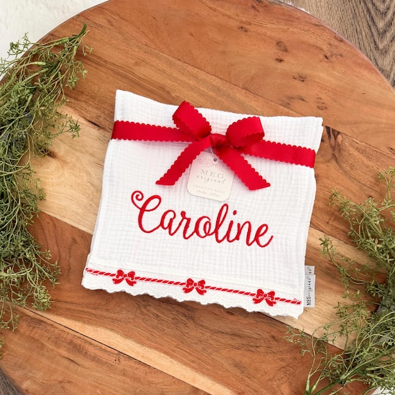 Cotton Gauze Baby Burp Cloth Set, Red Bows - Personalized Monogram Option