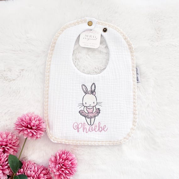 Ballerina Bunny Bib with Adjustable Snaps { Baby Girl / Toddler } 100% Cotton -Absorbent, Soft, Durable with Option to Personalize with Name