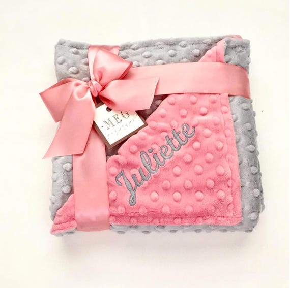 Coral & Gray Minky Dot Baby Girl Blanket + Option to Personalize with Name or Initial Monogram - Shower Gift - Crib, Stroller, Security Size