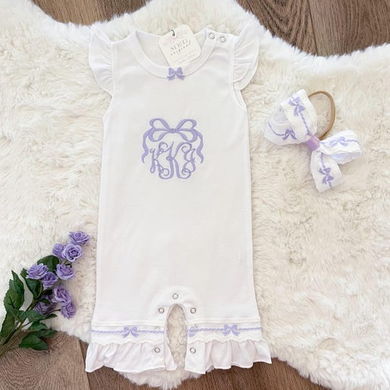 Beautiful Custom Newborn Baby Girl Flutter Sleeve Romper, Personalized with Embroidered Bow & Monogrammed Initials in Your Choice of Color