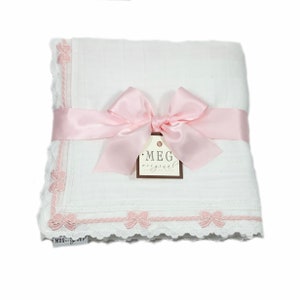 Heirloom Baby Girl Blanket { White & Pink } Cotton Swaddle Blanket with Delicate Pink Bow Trim Finishing, PRE-ORDER