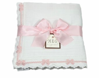 Heirloom Baby Girl Blanket { White & Pink } Cotton Swaddle Blanket with Delicate Pink Bow Trim Finishing