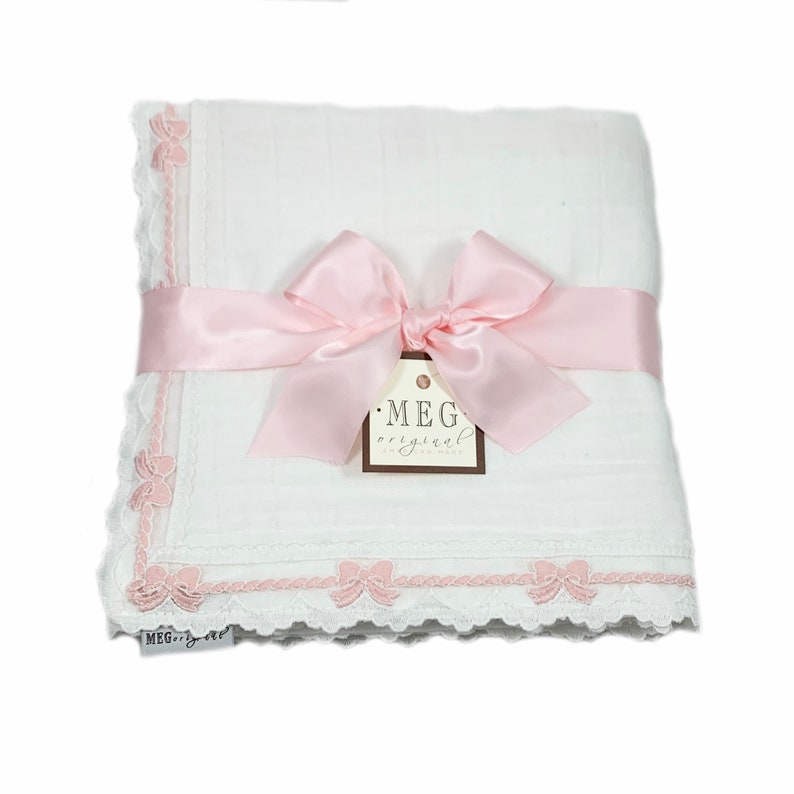 Heirloom Baby Blanket { White & Pink } Cotton Swaddle Blanket