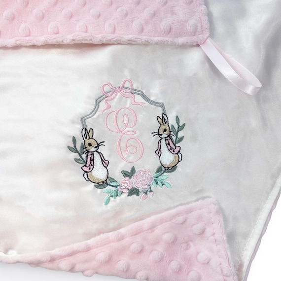 Flopsy Monogrammed Satin + Minky Baby Girl Blanket/Lovey with Loop { Ivory Satin } Choose Minky Dot Color - Cute Peter Rabbit Shower Gift